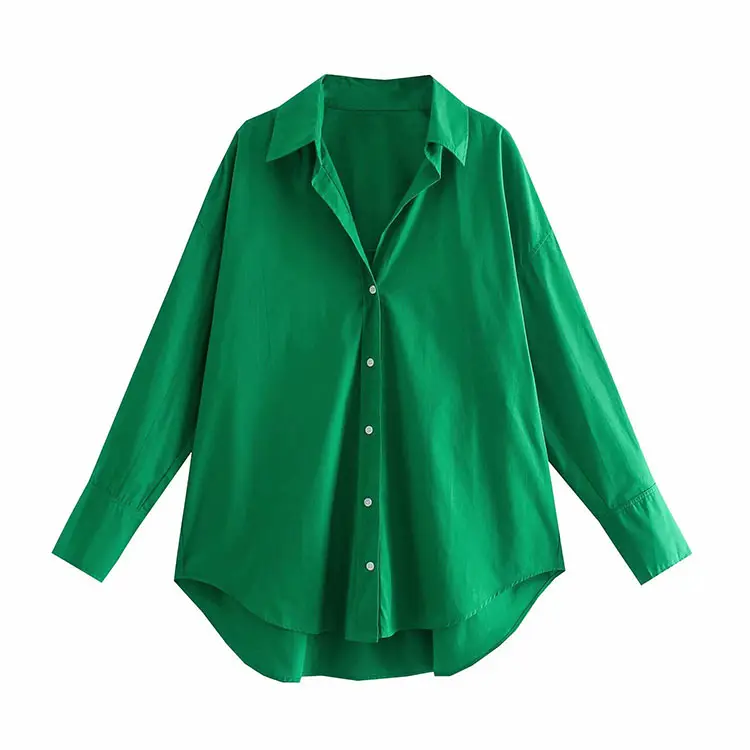 BMURHM ZA2021 summer new fresh women's casual versatile long sleeve lapel asymmetric hem green poplin shirt ZA