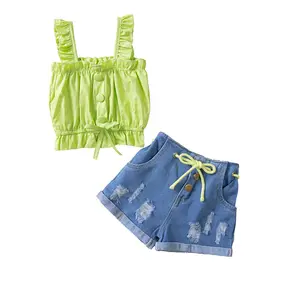 Baby Clothes 1-3 Years Girls Suit Green Camisole + Denim Shorts Suit Jeans For Kids Girls