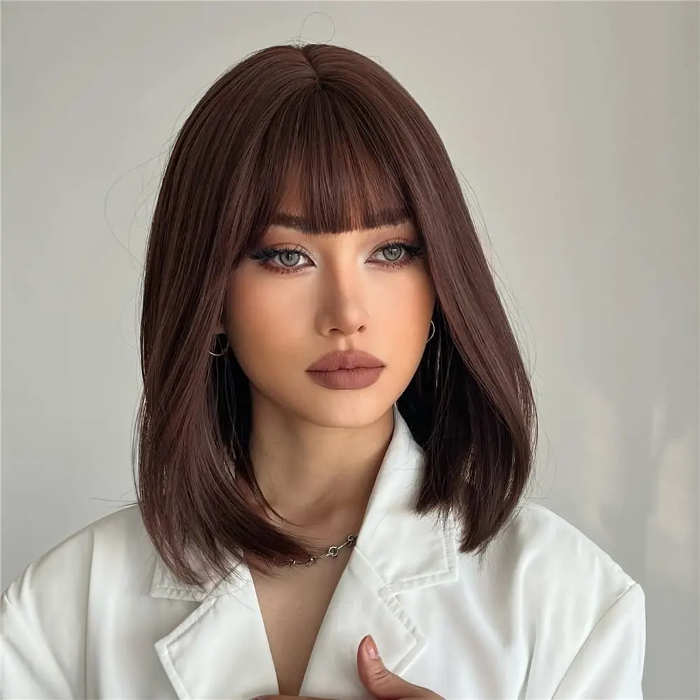 G&T Wig Dark Brown Bob Wig with Bangs Short Straight Wigs for Black Women Shoulder Length Synthetic Hair for Daily Cosplay