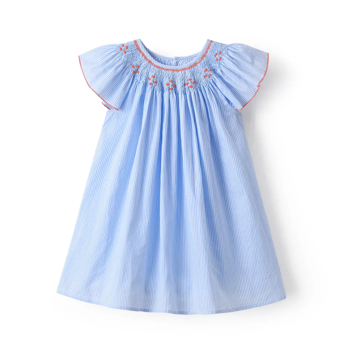 במלאי חדש בנות ארוך יד קפלי שמלות תינוק ספרדית Smocking כחול פרייר כותנה שמלות בוטיק ילדה Smocking שמלה