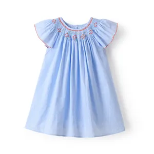 Trong Kho Cô Gái Mới Dài Tay Làm Smocked Dresses Bé Tây Ban Nha Smocking Màu Xanh Sucker Bông Frocks Boutique Cô Gái Smocking Ăn Mặc