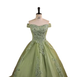 Off Shoulder Light Green Evening Gown Empire Waist Floral Lace Long Dress For Formal Events - Product Image 5