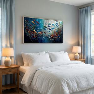 Peinture murale abstraite de poisson, grande toile minimaliste faite à la main, œuvre d'art pour hôtel, décoration murale pour la maison, arts décoratifs - Product Image 4