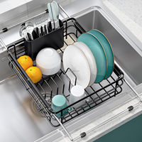 WIREKING Égouttoir à vaisselle extensible en acier au carbone pour évier, avec plateau de drainage, porte-assiettes, section à ustensiles, organisateur de cuisine portable