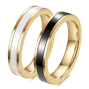 Gold And White <b>Ceramic</b> <b>Ring</b> 4Mm Smooth Stainless Steel Unisex Everyday Wear Geometric Design Fine Jewelry - Product Image 1