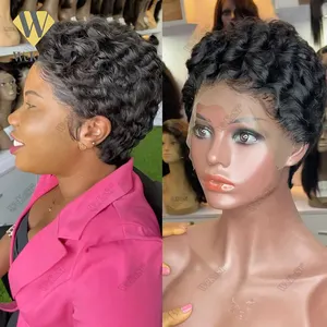 Ready To Ship Deals Pixie Curly 100% Human Hair Wig 13x4 Short Bob Wig Pixie Cut Highlight Colored 99J Lace Frontal Human Hair