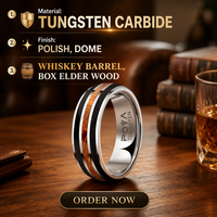 Bague de mariage en tungstène de 8 mm, argentée et polie, avec incrustation en bois de sureau noir et incrustation en bois de fût de whisky pour homme