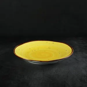 Набор керамических кухонных тарелок желтого цвета с ручной росписью в деревенском стиле, посуда с крапинками для ресторана, набор фарфоровой посуды