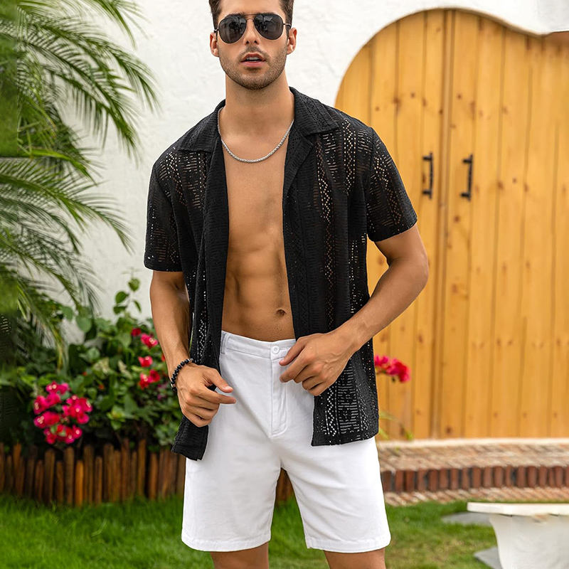 Noir Hommes Crochet Lace Button Up Chemise Blouse