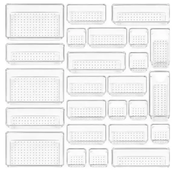 Şeffaf PS çekmece içi bölme aparatı saklama kutusu serbestçe kombine edilebilir ve bindirilmiş mutfak organize kozmetik saklama kutusu