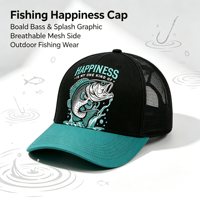 Cappello Trucker Bicolore Nero e Verde con Ricamo 'Happiness Quote' per Pesca e Attività all'Aperto