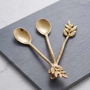 <b>Golden</b> Leaf Design Serving Spoons <b>Set</b> Elegant Metal Flatware Wedding Tableware Durable Handcrafted Handle - Product Image 1
