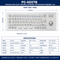 Clavier à trackball industriel en acier inoxydable personnalisé PC-605TB IP54, 68 touches USB PS/2 pour équipement pharmaceutique
