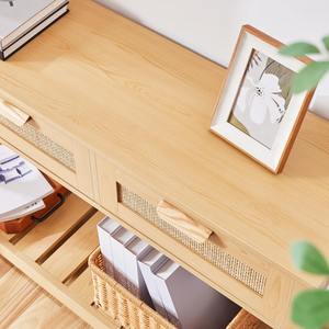 <span class=keywords><strong>Table</strong></span> <span class=keywords><strong>console</strong></span> en bois naturel personnalisée de style Boho moderne avec 3 tiroirs en rotin et étagère à 2 niveaux pour villa, salon et hôtel - Product Image 6
