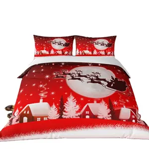 易护理可洗舒适面料红色圣诞图案印花3pcs羽绒被套奢华床上用品套装