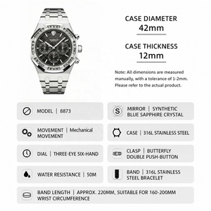 Reloj mecánico para hombre con esfera de meteorito natural de lujo, logotipo personalizado OEM con MOQ bajo, manecillas luminosas de acero inoxidable de 42 mm. - Product Image 3