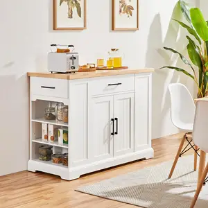 Armoire de rangement à îlot de cuisine en bois d'hévéa plus épais sur roulettes avec étagères ouvertes et étagères intérieures réglables pour salle à manger