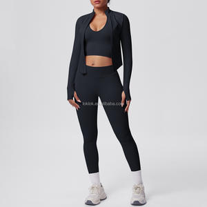 Ensemble de sport 3 pièces pour femme à séchage rapide, couleur unie, brossé double face, ajusté, grandes tailles, pour fitness, course, yoga, avec soutien-gorge et veste, transfrontalier - Product Image 1