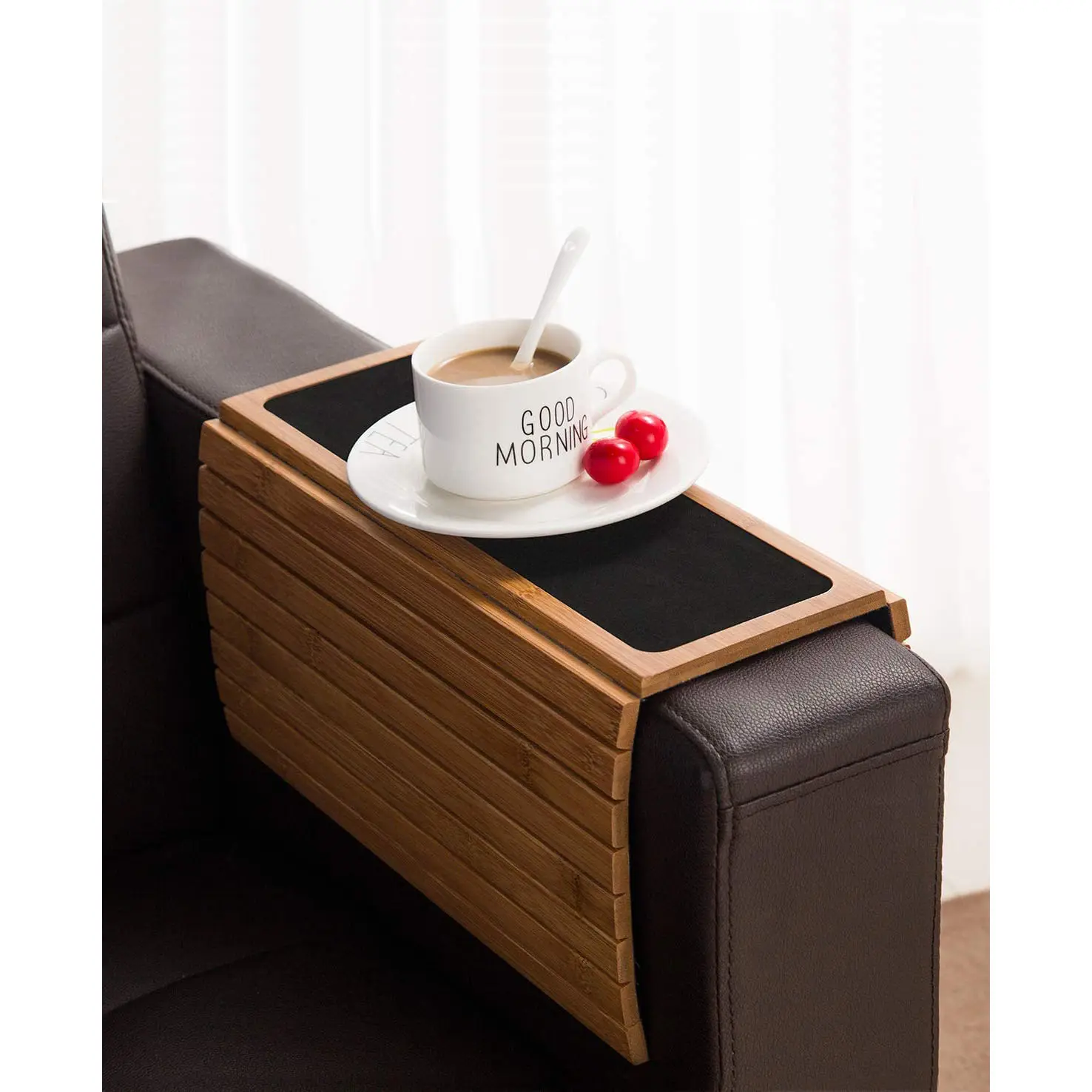 Amz-Brazo de mesa portátil para servir, bandeja de bambú para sofá, taza de café, nuevo, gran oferta