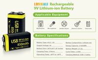 Batería Recargable USB-C de 850mAh y 9V, 9.0V Constantes, Más de 1000 Ciclos, Carga Rápida en 3H, UN38.3, OEM MOQ 100, para Pedal de Guitarra