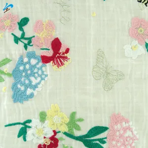 Nieuw Design Ademende Bloemen Schattige Vlinder Kleurrijke Bloem Mesh Tule 100% Polyester Borduurstof Voor Meisjes Kinderkleding