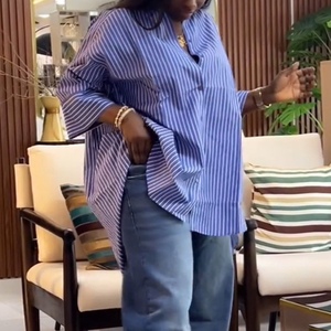 Camisa de manga larga a rayas azules para mujer, top holgado a la moda - Product Image 4