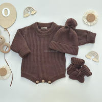 Combinaison en tricot pour bébé garçon nouveau-né avec bonnet et chaussettes, ensemble cadeau 3 pièces, hiver, couleur chocolat unie, combinaison en tricot épais, pulls
