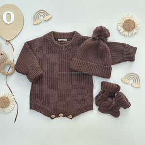 Combinaison en tricot pour bébé garçon nouveau-né avec bonnet et chaussettes, ensemble cadeau 3 pièces, <span class=keywords><strong>hiver</strong></span>, couleur chocolat unie, combinaison en tricot épais, pulls - Product Image 6
