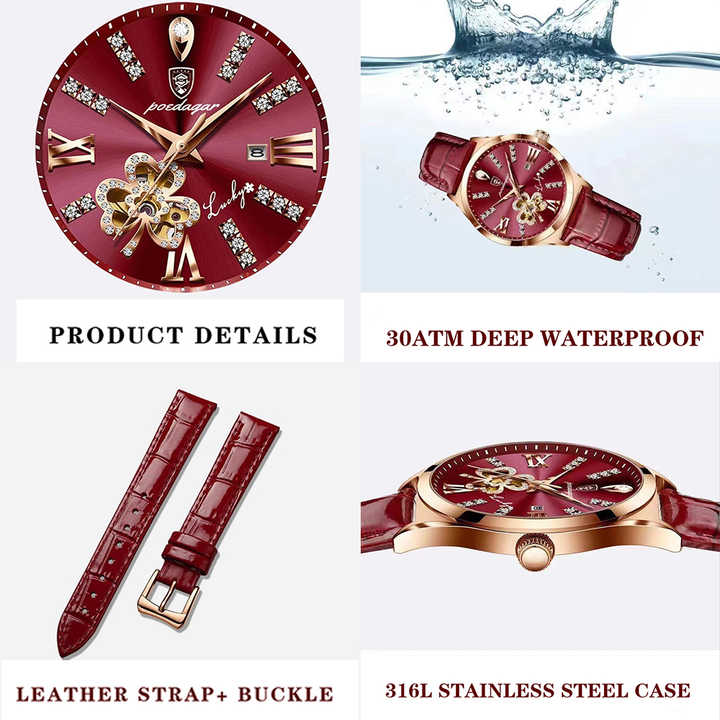 Orologio da polso da donna POEDAGA in vera pelle con diamanti, di lusso, luminoso, al quarzo, in oro rosa
