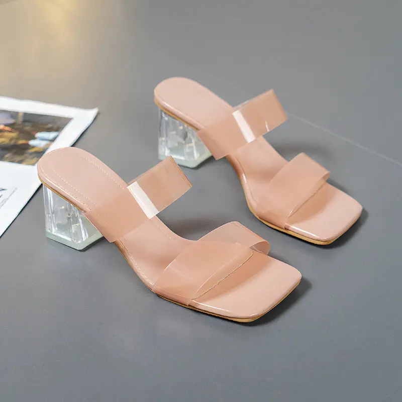 Size 35-42 New Arrival Summer Sexy Pink Yellow Transparent Belt Thick Heel Women Ladies Sandals 168