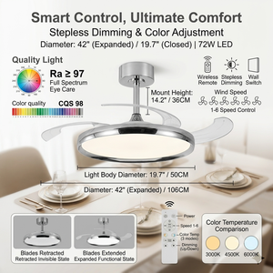 Ventilateur de plafond rétractable moderne chromé de 42 pouces avec lumière, 5 pales, moteur DC, LED à spectre complet Bridgelux à CRI 97, en métal - Product Image 1