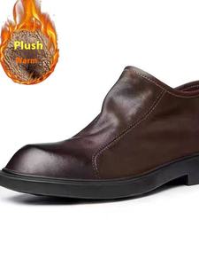 Bottes Chelsea vintage britanniques en cuir véritable pour hommes, fermeture éclair, semelle souple respirante, hauteur cheville, doublure polaire givrée pour l'hiver - Product Image 3