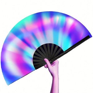 Éventails pliants en bambou personnalisés Guan Sen, faits à la main, grand format, arc-en-ciel, réactifs aux UV, pour fêtes, néon - Product Image 1