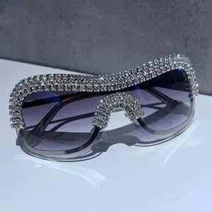 奢华超大Y2k太阳镜女性金属无框复古银色太阳眼镜大水钻女性墨镜