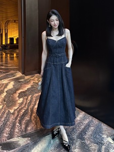 <span class=keywords><strong>Vestido</strong></span> Largo de Tirantes Finos, Estilo Vacacional, Cintura Alta, Sexy, en Mezclilla <span class=keywords><strong>Azul</strong></span> Oscuro para Mujer, Nueva Colección Ramadán 2026, Siete Colores - Product Image 3