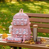 Nouveau Sac à Dos Fille 2026 Tendance Léger Respirant en Nylon, Motif Animalier Dessin Animé Mignon, Ensemble Trois Pièces Grande Capacité Courbé