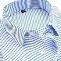 Kemeja Bisnis Pria Anti Kerut Bergaris Lengan Panjang Slim Fit Biru Putih Garis-garis Formal untuk Kantor, Dapat Dipesan Sesuai Ukuran