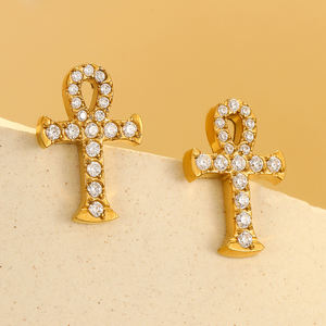 Ouro Aço Inoxidável Cruz Colar Brincos Set <span class=keywords><strong>Ankh</strong></span> Quartz Cruz Pingente Religioso <span class=keywords><strong>Ankh</strong></span> Colar Jóias Mulheres - Product Image 3
