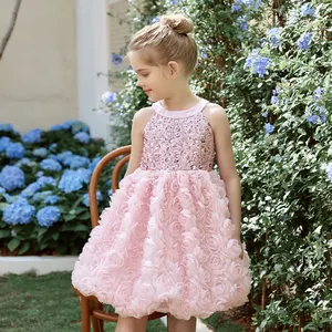 Venta al por mayor Boutique 3-12 años niñas vestido de lentejuelas 3D Rosa flores falda elegante vestido de fiesta vestidos de niña de las flores para bodas