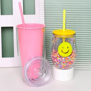 Nuovo arrivo romantico carino rosa regalo personalizzato logo 710ml/24oz trasparente in plastica a doppia parete in acrilico Tumbler con paglia e coperchio