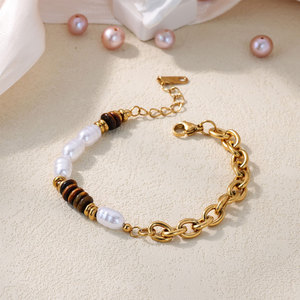 High Quality 316L Stainless Steel 14k 18k Gold Plated Fashion <b>Bracelets</b> & Bangles Tiger Eye And Pearl <b>Beaded</b> <b>Bracelet</b> for Women - Product Image 1