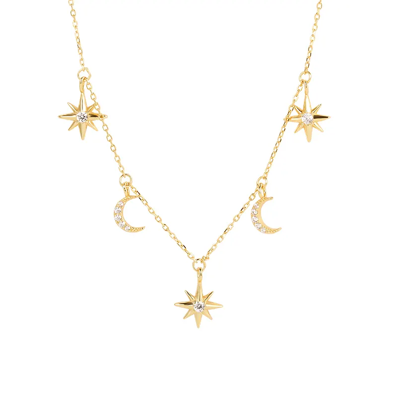 Hot Selling 18K Choker 925 Silver Gold Plated Dainty Zircon Moon and Star Pendant Necklace Chain