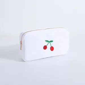 Keymay Custom White Nylon Embroidery Cherry Makeup Bag Quality Metal Zipper for Women Girls Wash Bag Capacity Cosmetic Pouch