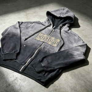 Sweat à capuche zippé surdimensionné personnalisé pour homme, style streetwear à carreaux et patchwork, en molleton de coton, coupe classique, style automne - Product Image 2