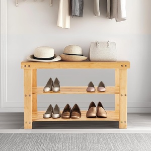 Panca Portascarpe Moderna in Legno Massello a 3 Ripiani, Organizzatore con Capacità di 130 kg, Sgabello Ottomano Facile da Montare per Soggiorno - Product Image 1