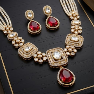 Elegant 925 Silver <b>Ruby</b> Pearl <b>Necklace</b> Set Traditional Bridal Jewelry Ethnic Pendant Earrings Design for Women Wedding Jewelry - Product Image 5