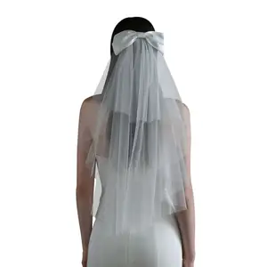 V848 élégant voile de mariée blanc deux couches en Tulle uni, bord coupé voile de coude avec nœud en Satin femmes accessoires de mariage