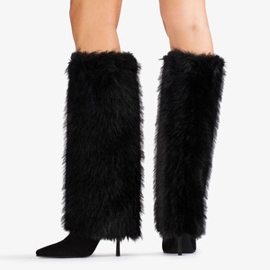 Bottes hautes en fourrure pelucheuse pour femmes, taille 45, à talons hauts, bout carré, fourrées, pour l'hiver, coupe large - Product Image 2