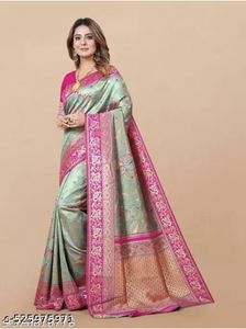 Elegante Sari de Seda Verde y Rosa con Bordado Zari para Bodas, Fiestas y Festivales, Sari Tradicional Indio para Mujer - Product Image 4