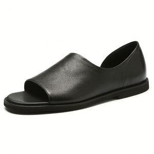 Mules de Cuero Genuino Negro con Punta Abierta, Suela de Goma Transpirable, Pantuflas de Verano para Hombre - Product Image 5